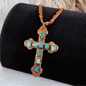 Stunning vintage Turquoise Blue Solid Copper Cross Pendant and Chain Necklace